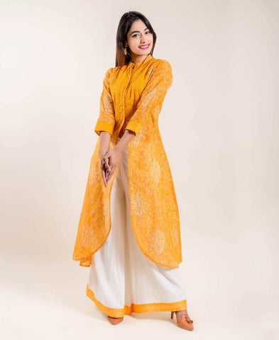 Yellow Tulip Style Chanderi Front Slit Printed Kurta with Palazz