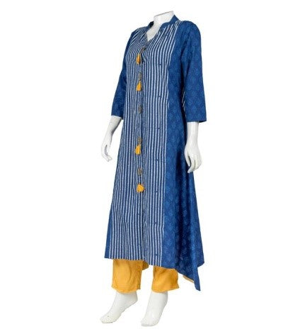 Flat V Neck Trail Cut Front Tasselled Indo Western Kurta with Mustard Pants