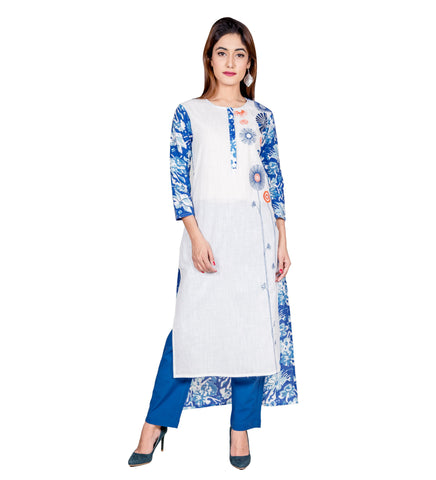 Blue & White Hand Block Printed Embroidered Indo Western Kurti