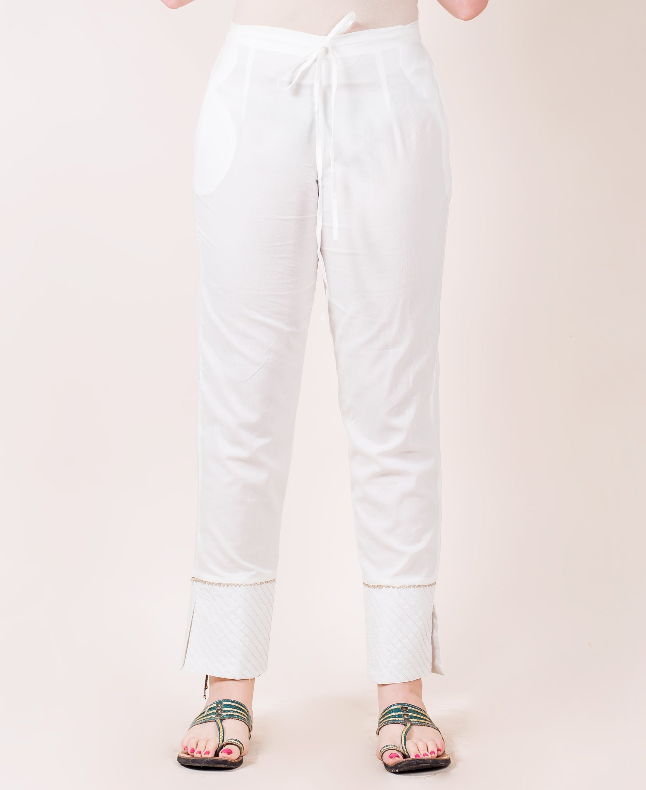 White Solid Straight Pants with Gota Trim and Kingri Lace – MISSPRINT