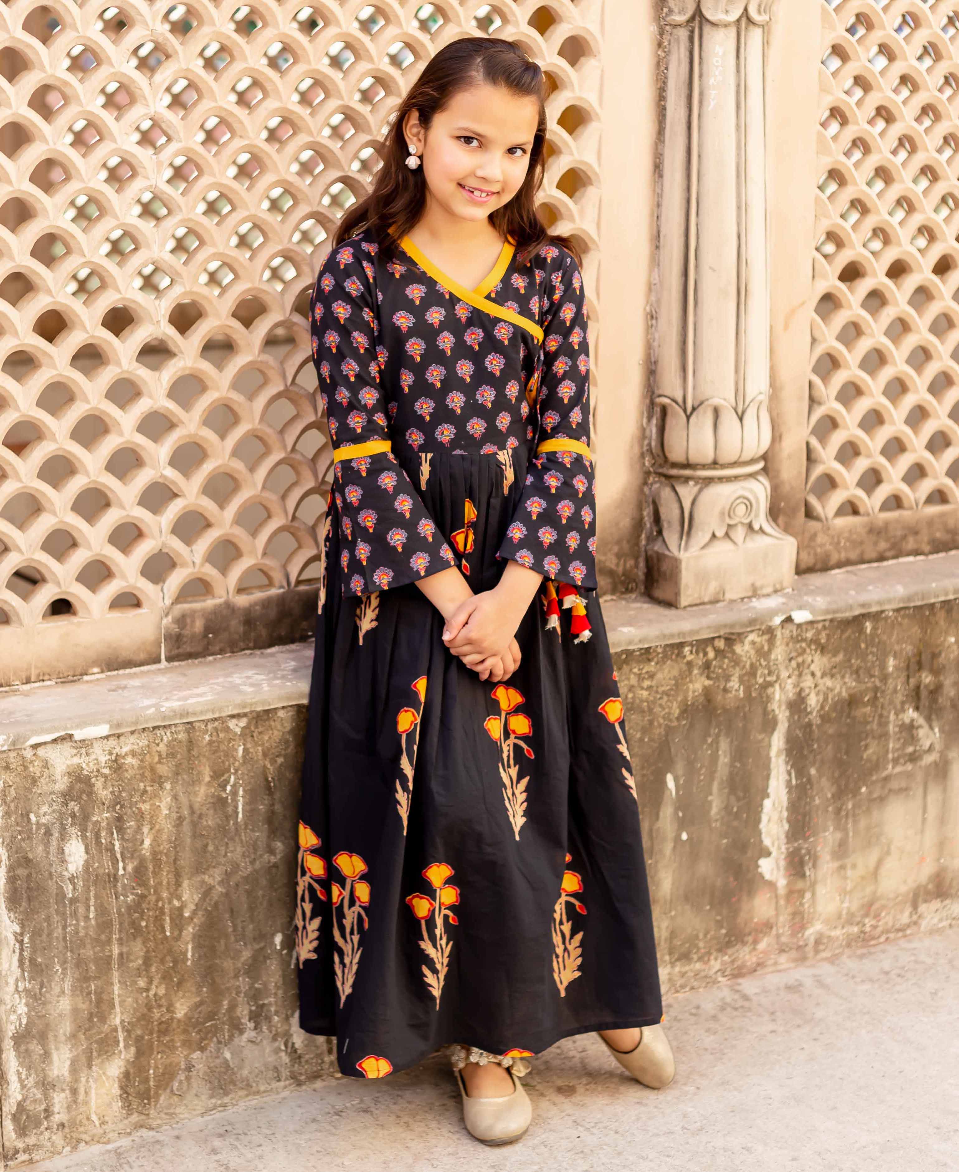 Black and Yellow Block Printed Angrakha Dress for Baby Girl – MISSPRINT