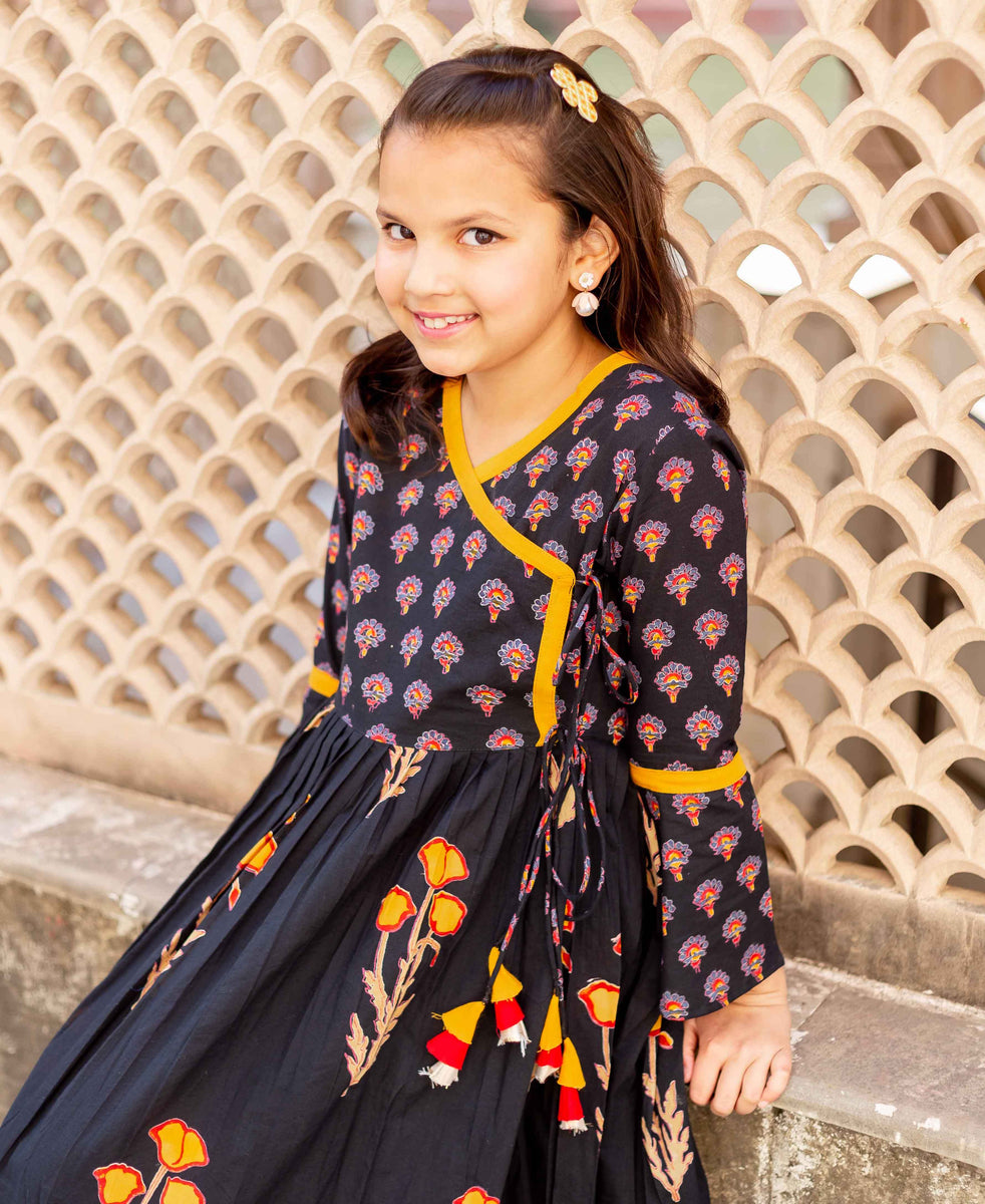 Black and Yellow Block Printed Angrakha Dress for Baby Girl – MISSPRINT