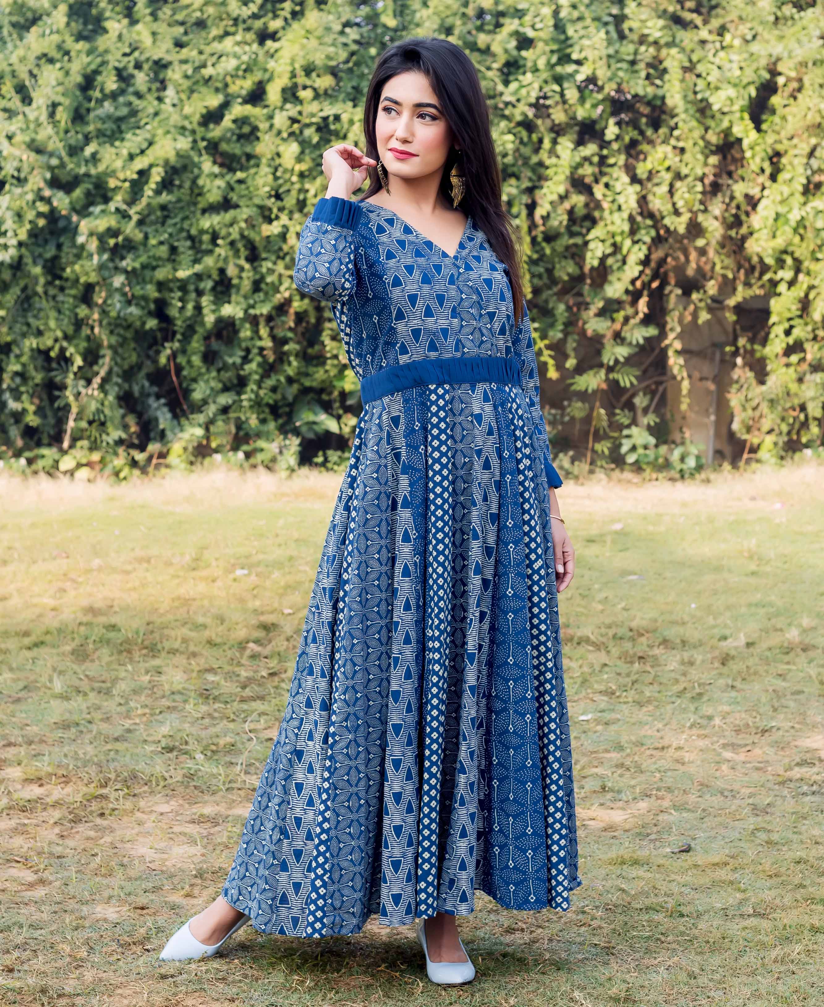 Indigo Multi Hand Block Printed Anarkali Dress – MISSPRINT