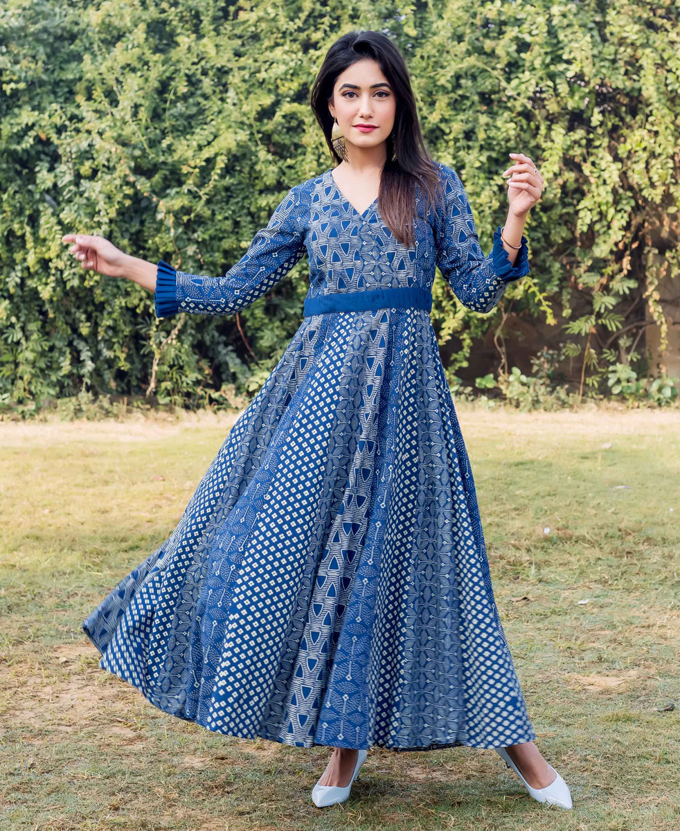 Indigo Multi Hand Block Printed Anarkali Dress – MISSPRINT