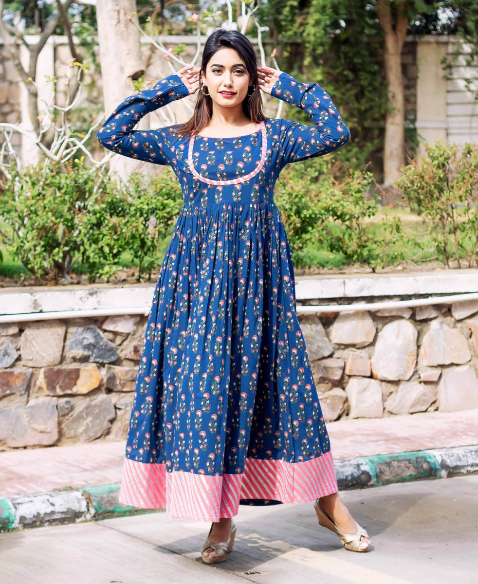 Indigo and Pink Long Flared Dress with Churidaar Sleeves – MISSPRINT