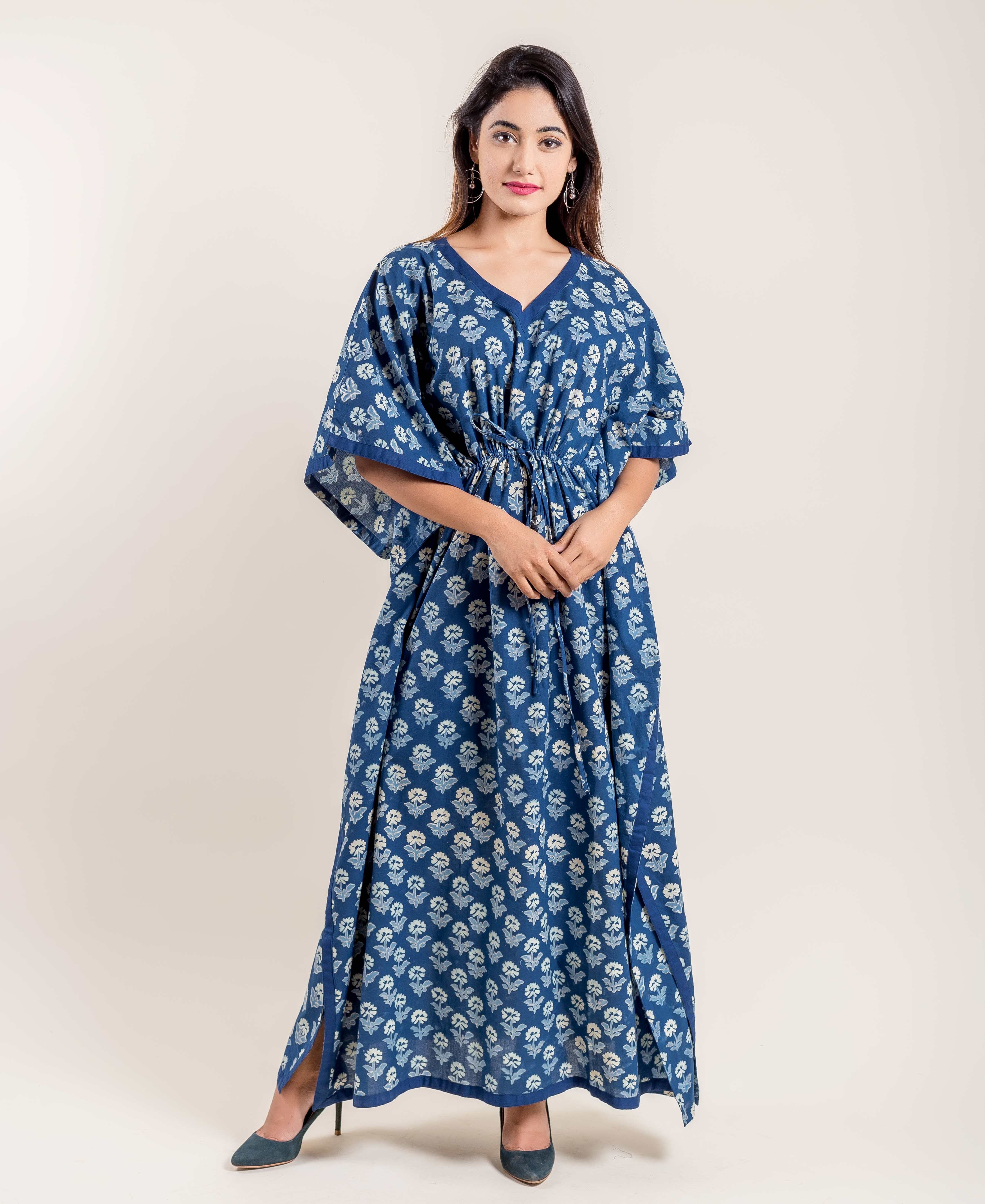 Indigo Floral Hand Block Printed V Neck Kaftan – MISSPRINT