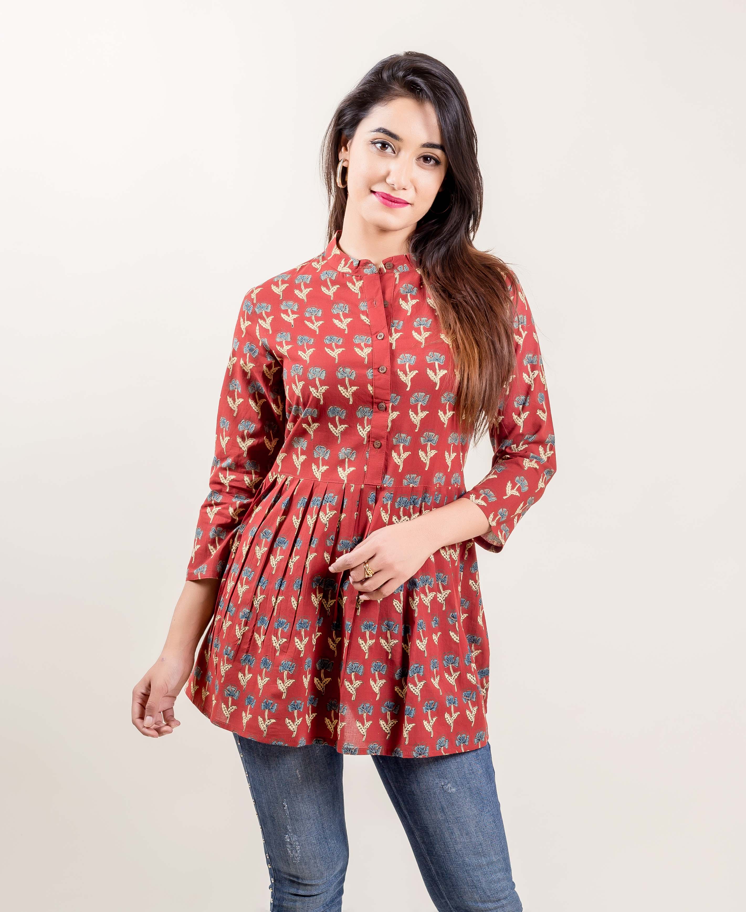 Rust Printed Pleated Cotton Top – MISSPRINT