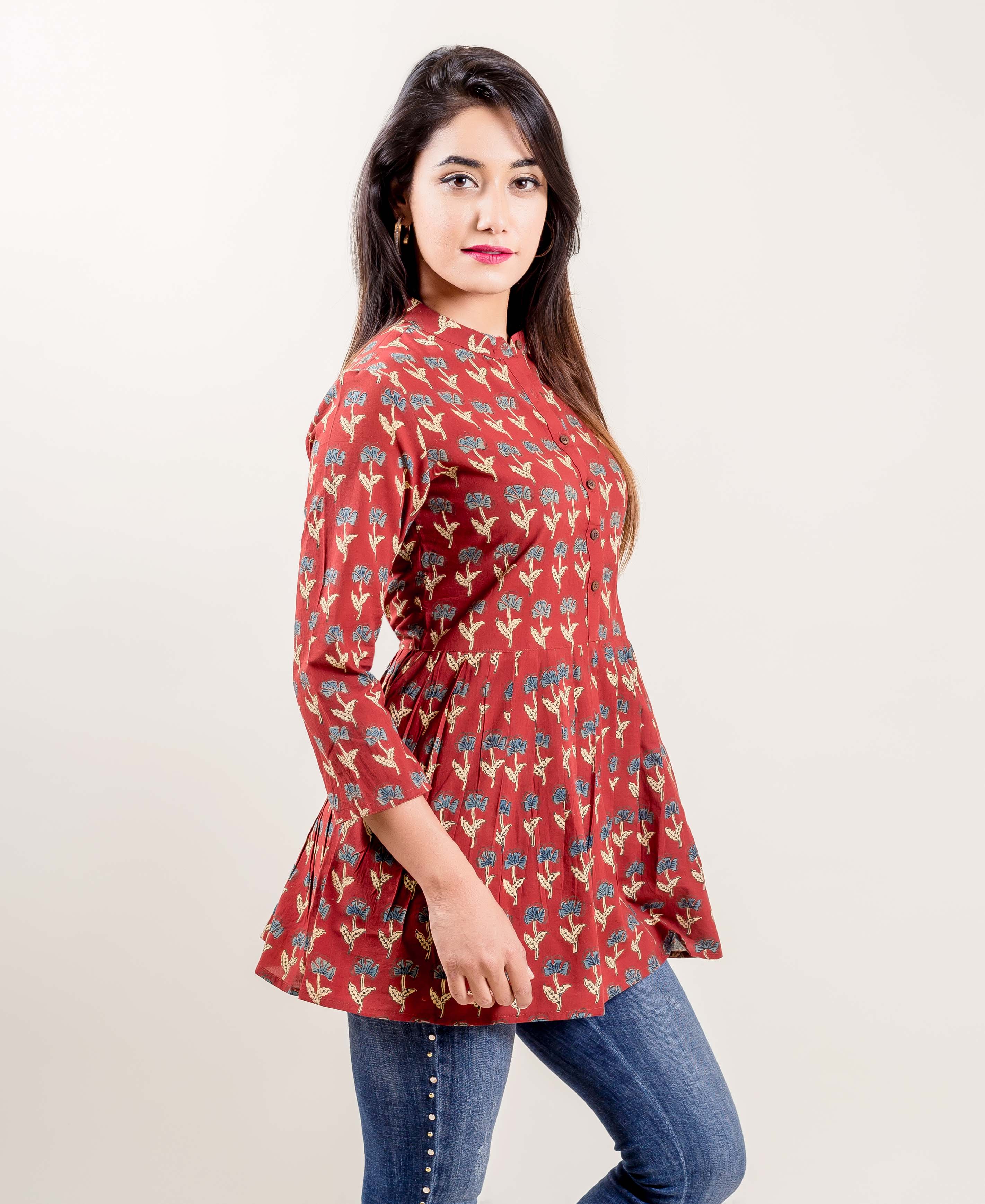 Rust Printed Pleated Cotton Top – MISSPRINT