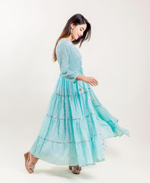 Aqua Cotton Tiered Indo Western Dress 
