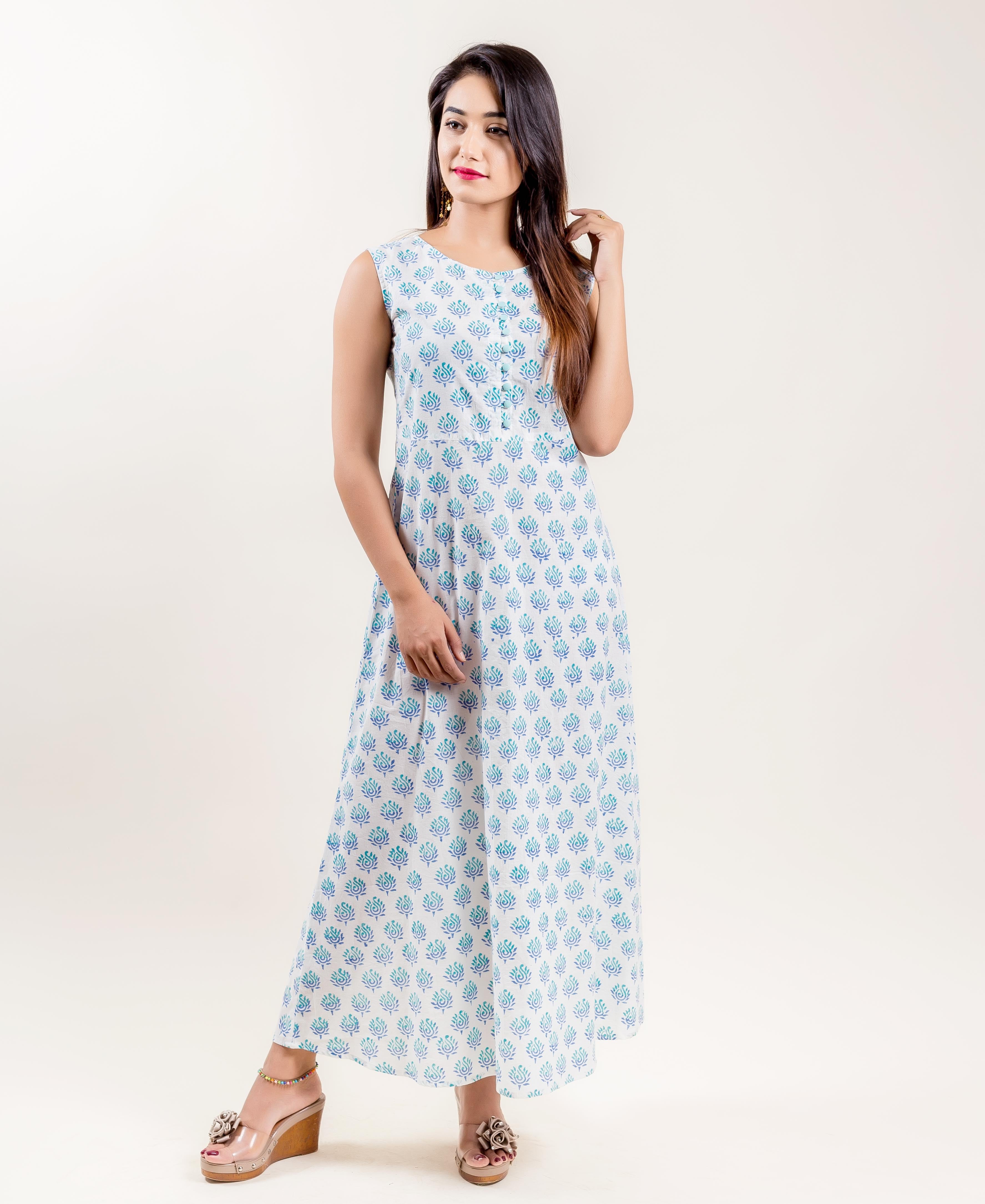 Aqua Cotton Tiered Indo Western Dress with Sleeveless inner – MISSPRINT