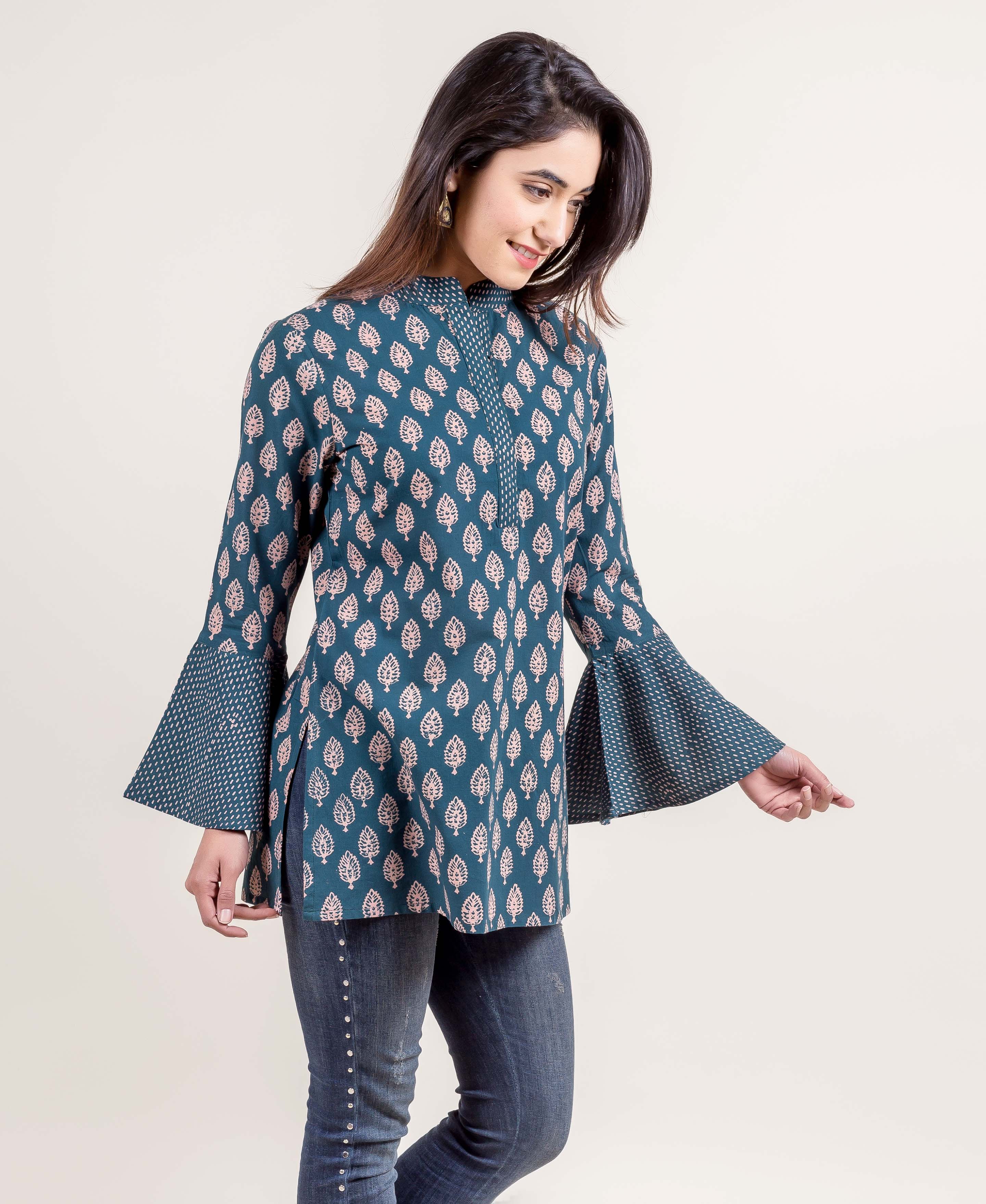 Ensemble Accomplishment Hand Block Printed Bell Sleeved Short Kurti ...