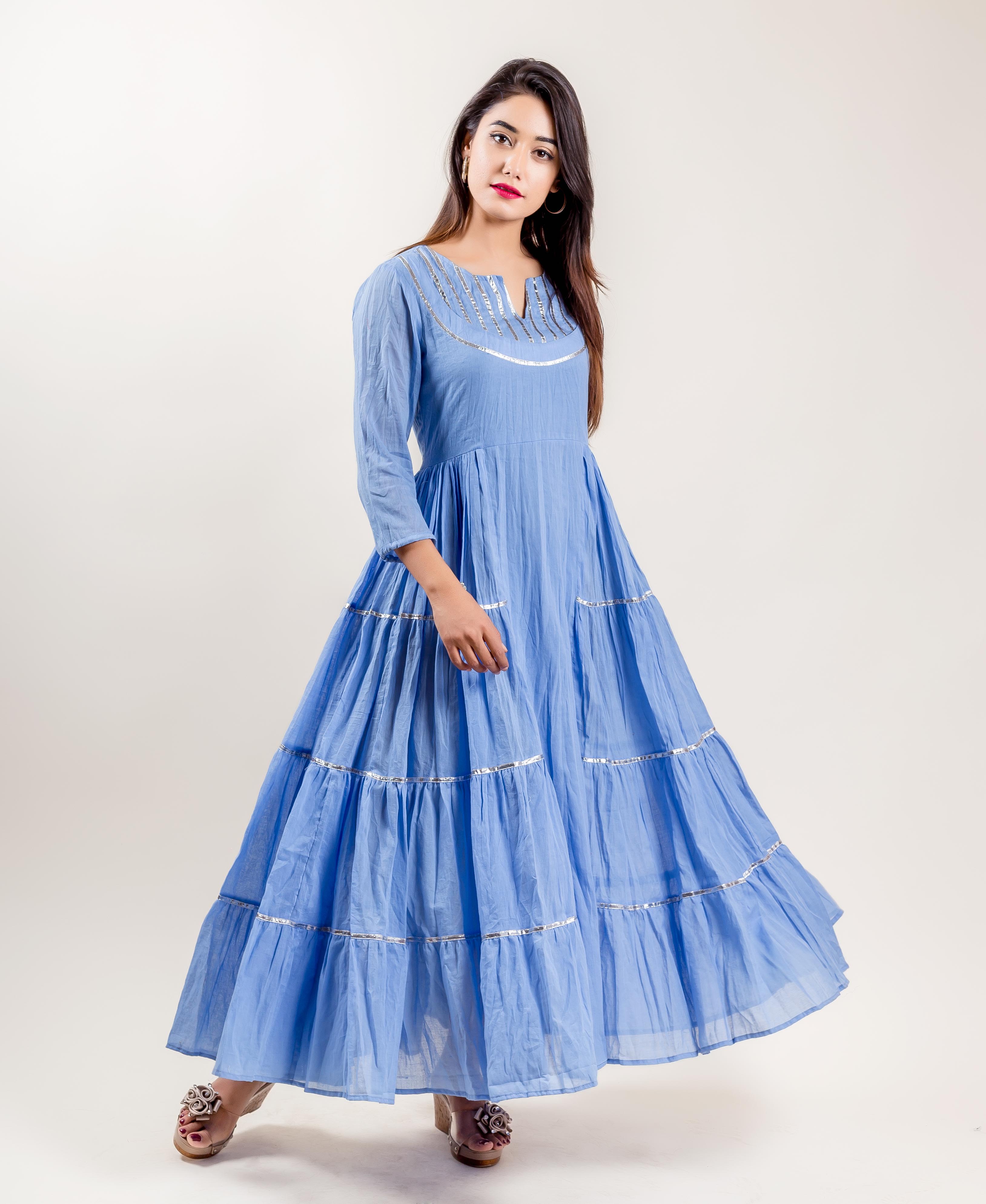Blue Cotton Tiered Indo Western Style 