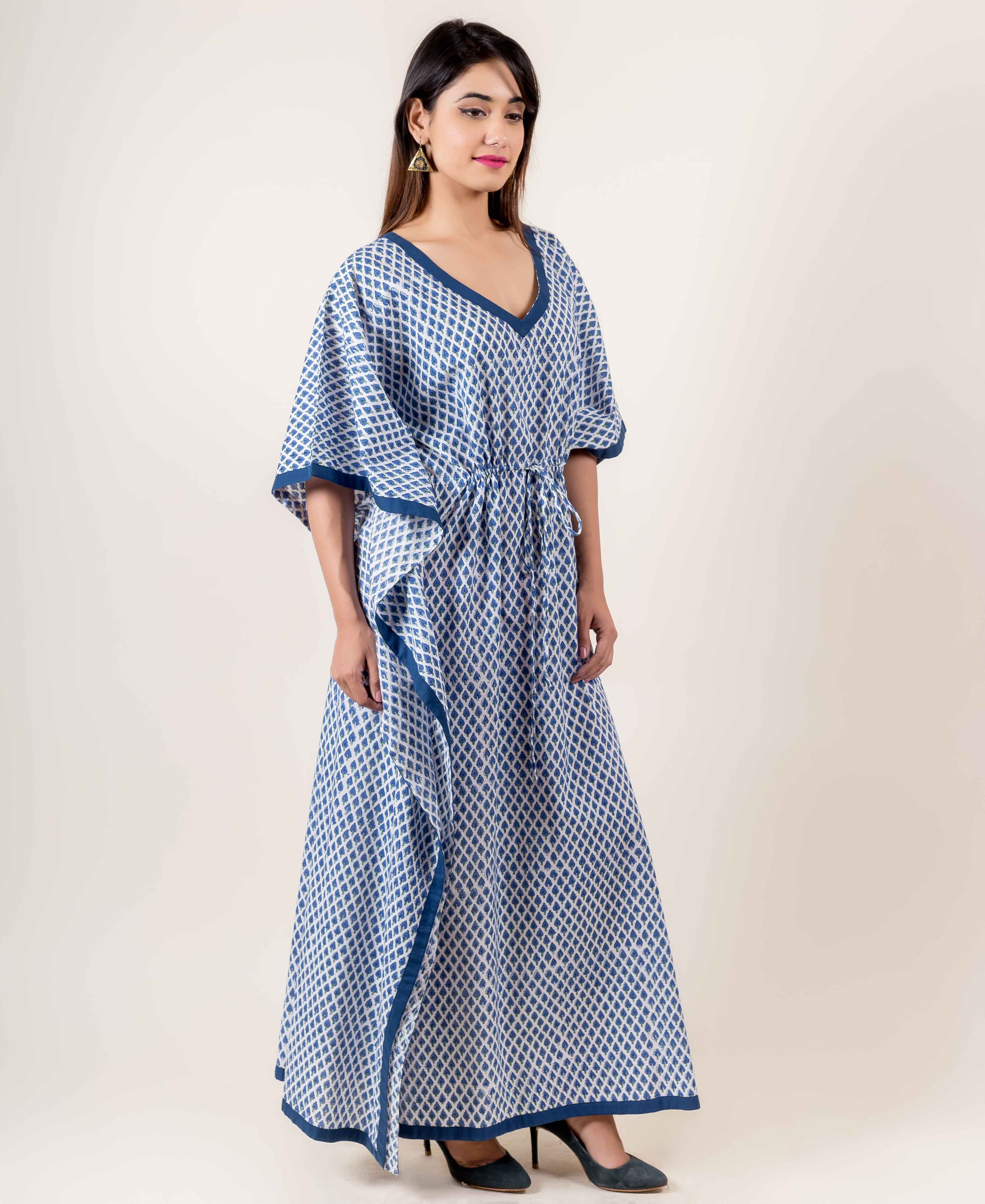 White And Blue Kaftan Dress With Adjustable Waist Line – MISSPRINT