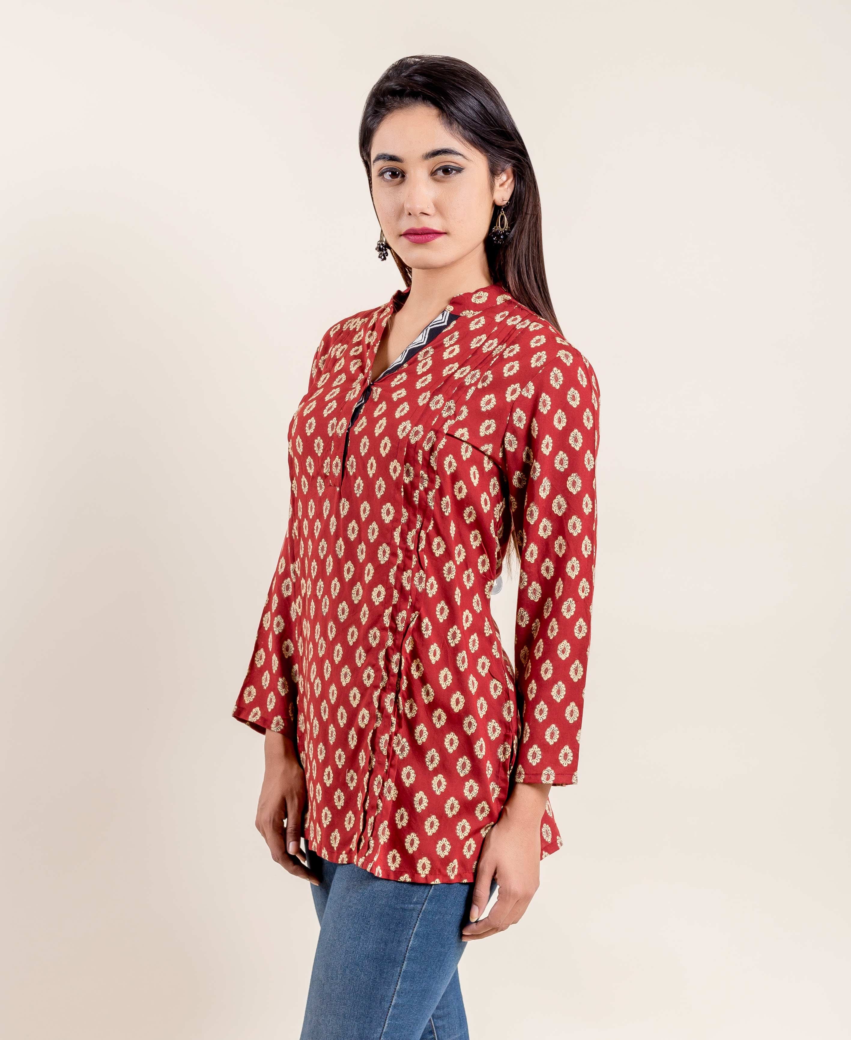 Dark Red Stylized Mandarin Hand Block Printed Short Kurta Top – MISSPRINT