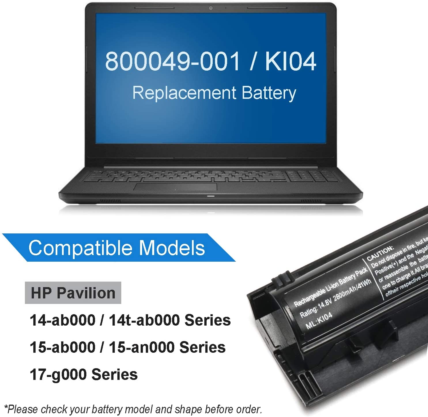 KI04 Laptop Battery for HP Pavilion TPN-Q158, TPN-Q159, TPN-Q160 Series.