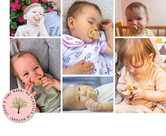 Six pictures of babies using a bamboo pacifier from TinyMark