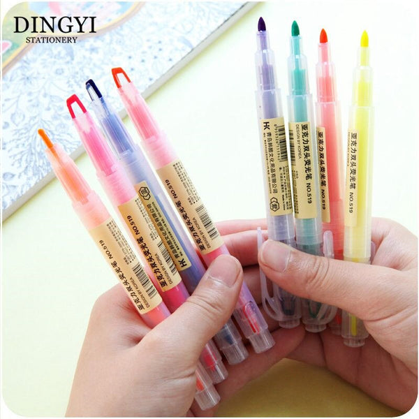 6 Color Cute Stationery Two-Head Two Way Cute Highlighter Pen Marker Pens  Set Kids Gift