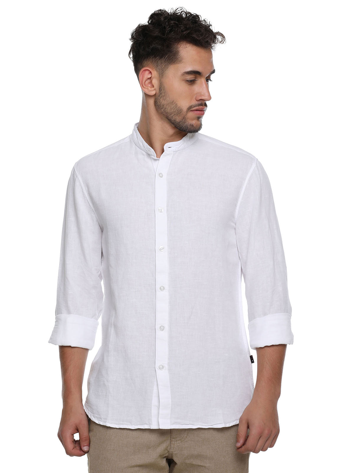 Men Solid White Cotton Linen Mandarin Collar Slim Fit Casual Shirt ...