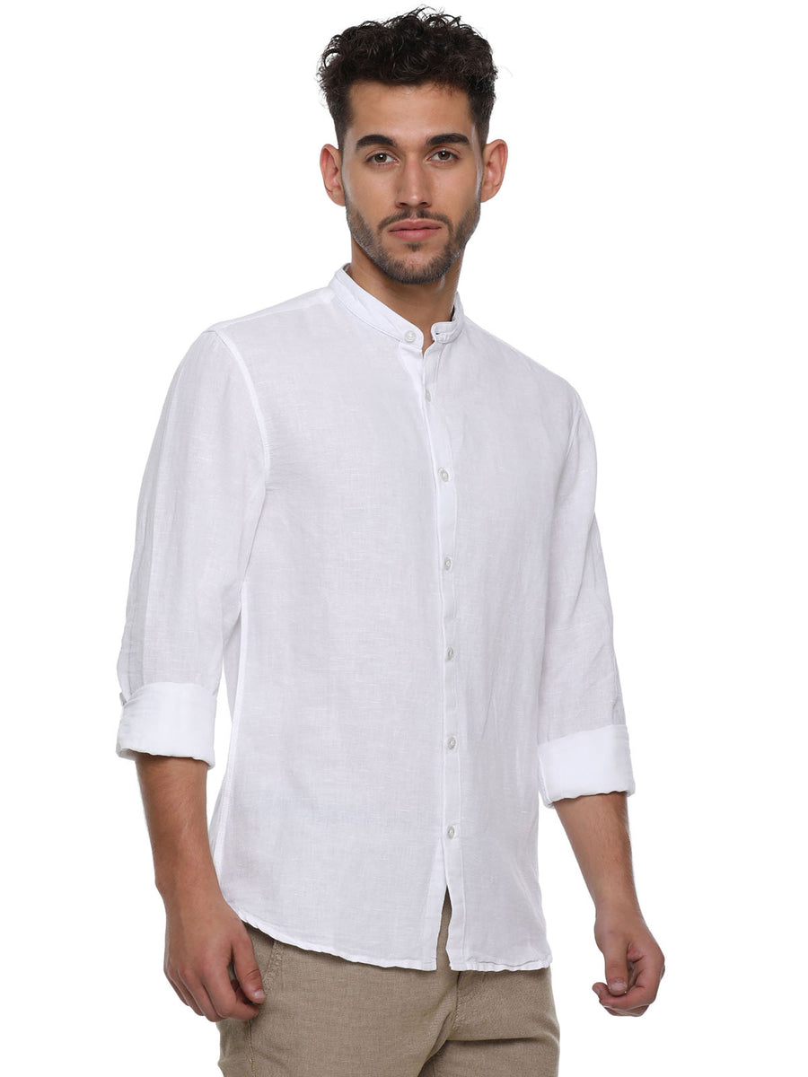 Buy White Men Solid White Cotton Linen Mandarin Collar Slim Fit Casual ...