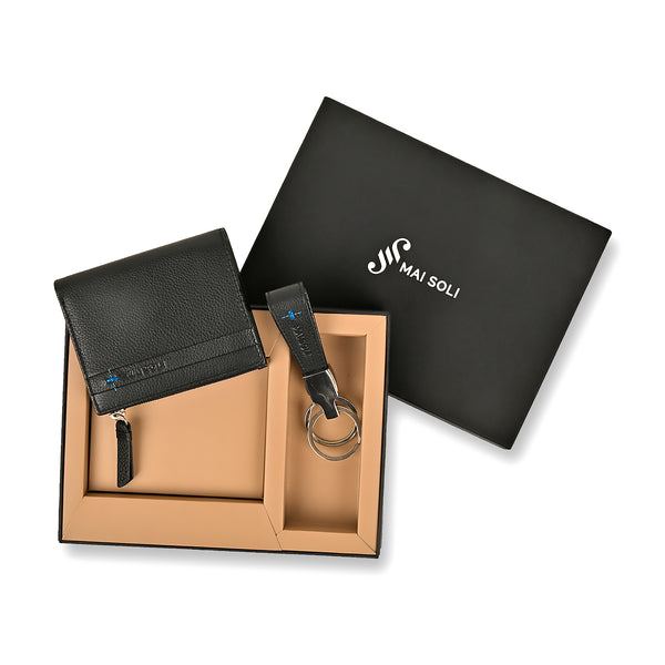 Leather Key Chain Wallet Gift Set Black