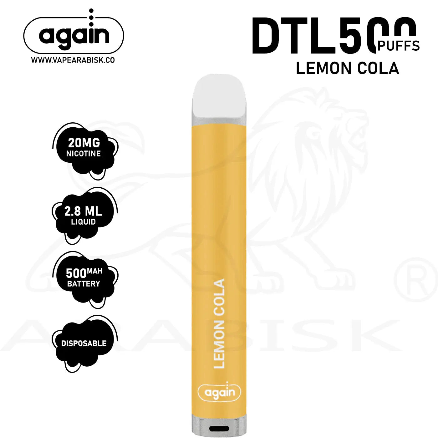 AGAIN DTL 500 PUFFS 20MG - LEMON COLA Again