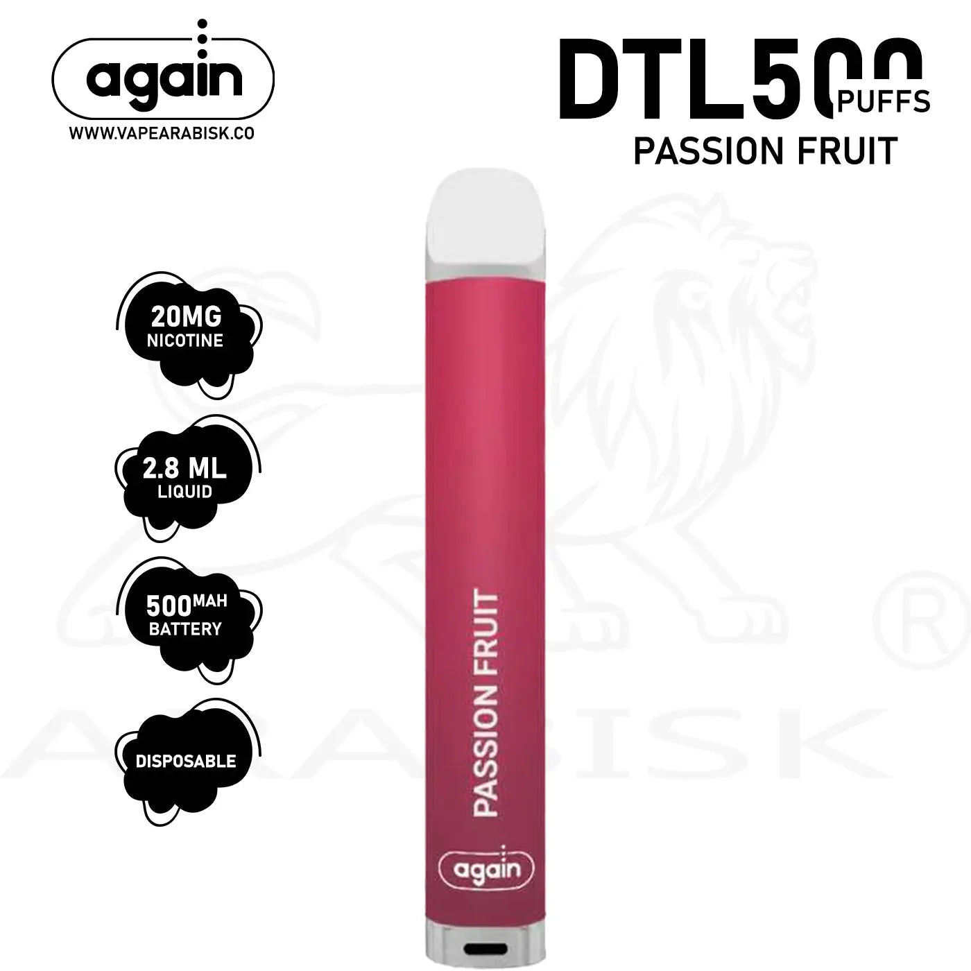 AGAIN DTL 500 PUFFS 20MG - PASSION FRUIT Again