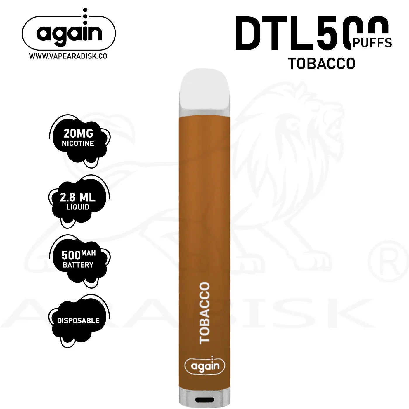 AGAIN DTL 500 PUFFS 20MG - TOBACCO Again