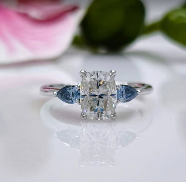 ready to ship: 1.5ct cushion cut and blue pear shape moissanite engagement ring in 14k white gold