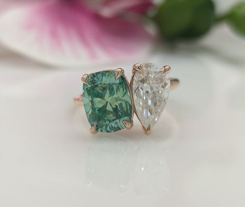 3.3CT AQUA -TEAL CUSHION AND 2.2CT PEAR MOISSANITES ENGAGEMENT RING/ TOI ET MOI RING