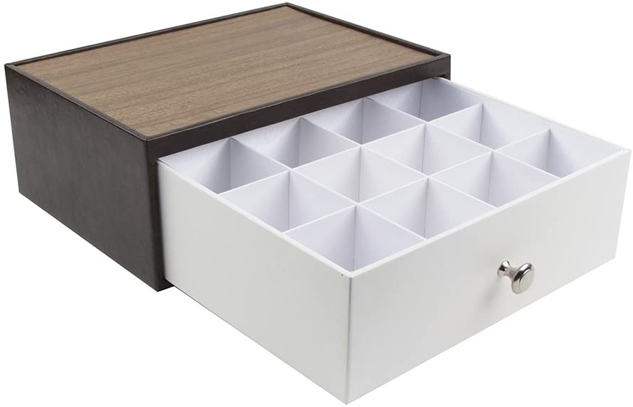 Leather Tea Bag Storage Drawer Box with 12 Comparments