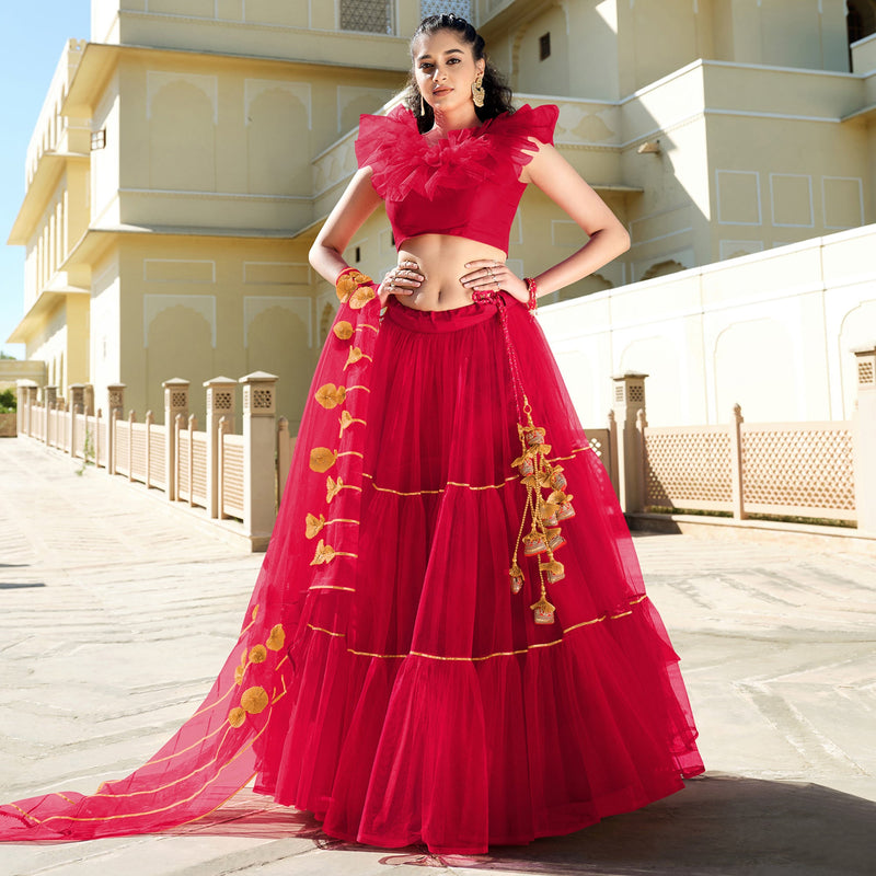 Adorable Rich Red Colored Wedding Wear Designer Gotta Patti Pattern Butterfly Net Lehenga Choli