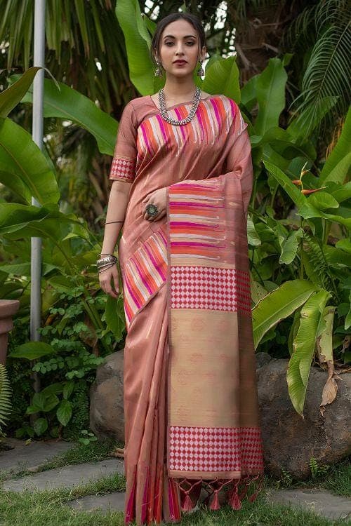 Flush Pink Woven Tussar Raw Silk Saree