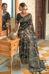 Ebon Black Woven Banarasi Tussar Silk Saree