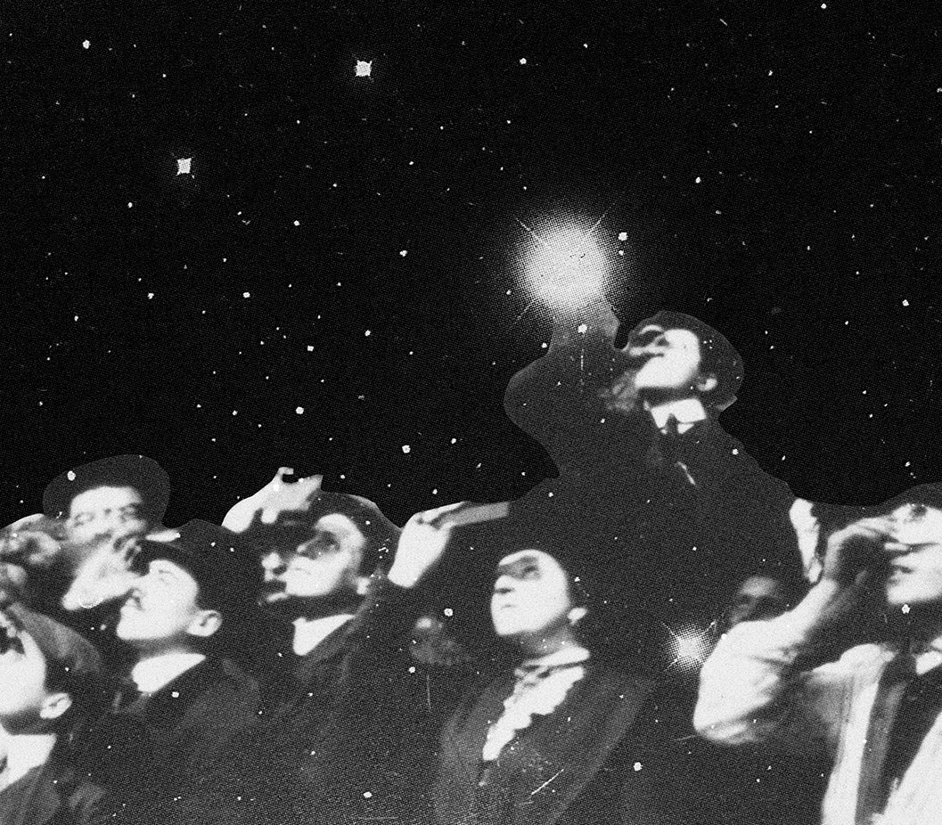 Astrologer and tarot reader Chris Corsini blog post, 10 things you can do to work with this energy, black and white collage with group of people looking up to the stars.