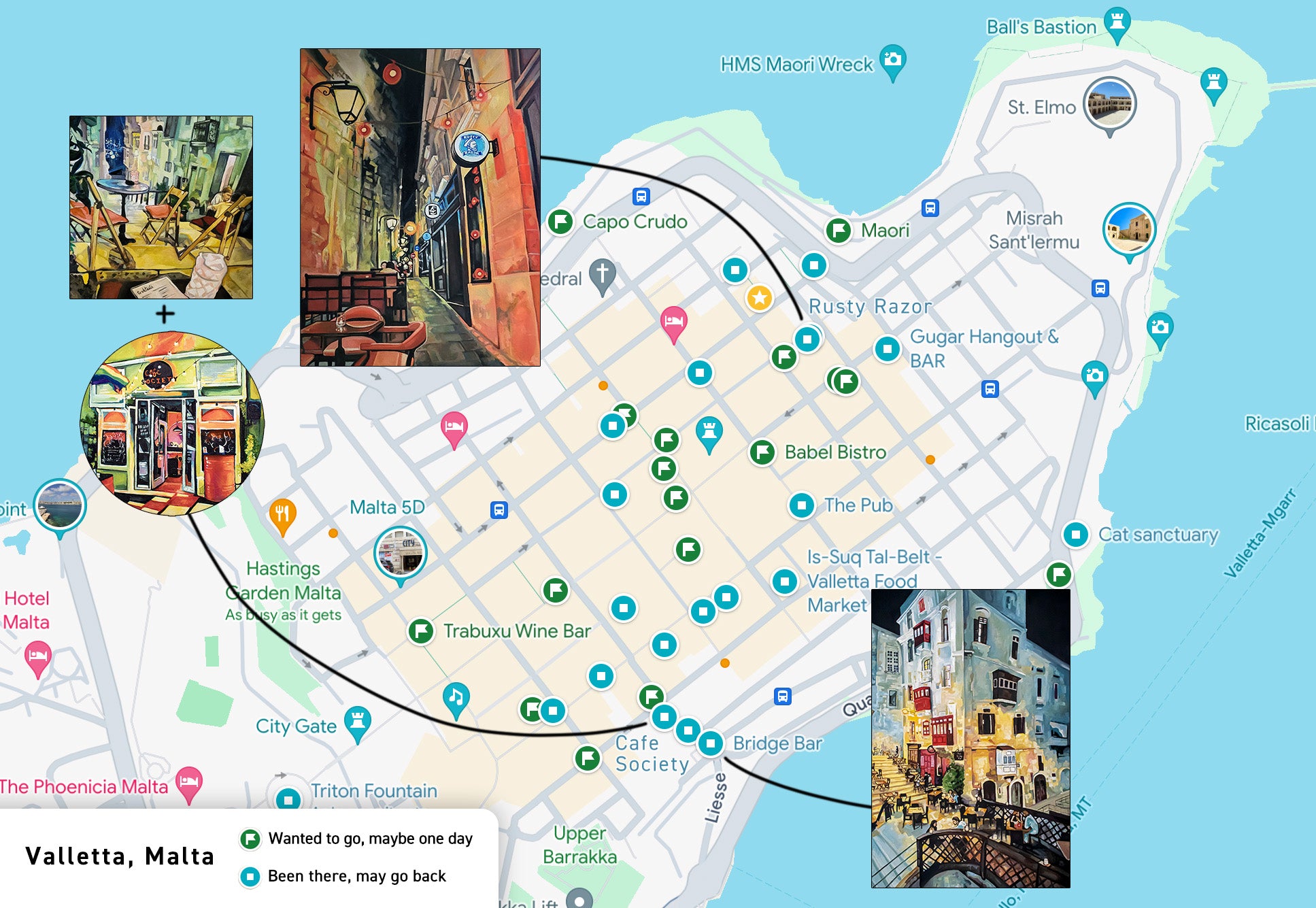 My Google Maps of Valletta showing the green flags that I wanted to see and the blue pins that I ended up seeing, plus the art that came out of the trip