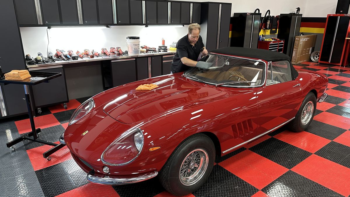 Claying windshield on a 1967 Ferrari 275GTB/4 NART Spider detailed by Mike Phillips at AutoForge.net