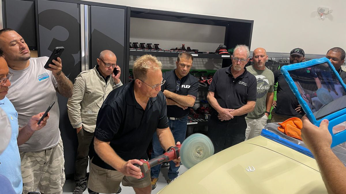 Using FLEX Prototype PE-150 Rotary Polisher to teach a class how to use a rotary polisher on a 1948 Mercury Convertible Streetord