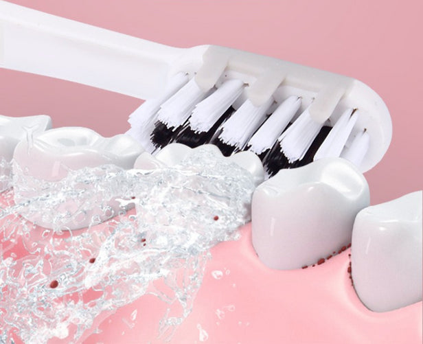 The contoured bristles of a XF21 brush head provides 24,000 sonic vibrations per minute gently clean a set of molars. A splash of water rinses away loose debris from between the teeth.