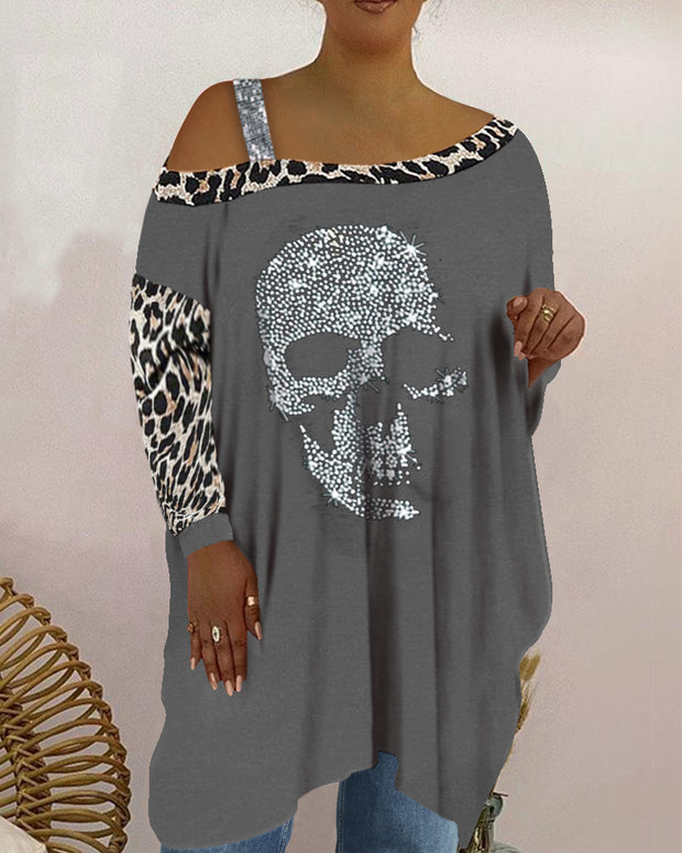 Fashion oblique shoulder leopard print plus size skull long-sleeved T-shirt