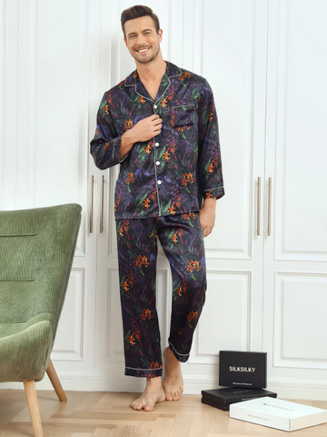Pure Silk Floral Printed Lapel Men‘s Pajamas