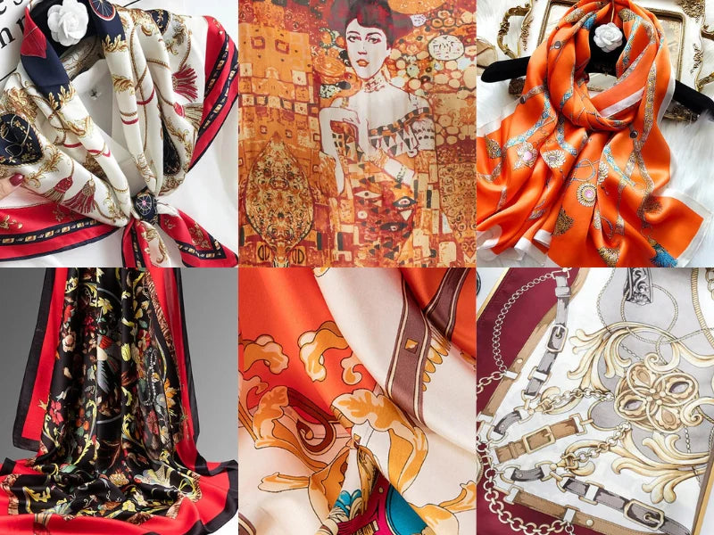 A collage displaying various silk scarves with different patterns including chains, florals, and abstract art, in a range of colors