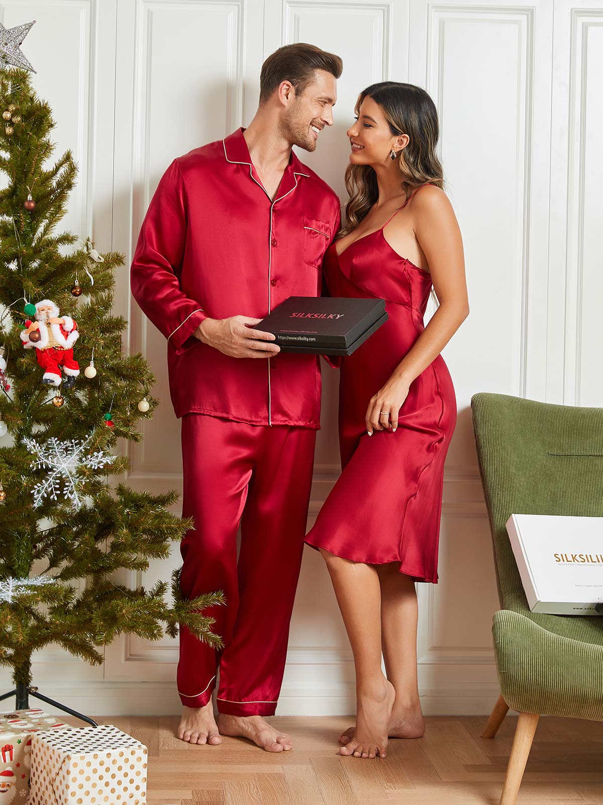 3Pcs Pure Silk Mens & Womens Couple Pajamas + Nightgown – SILKSILKY