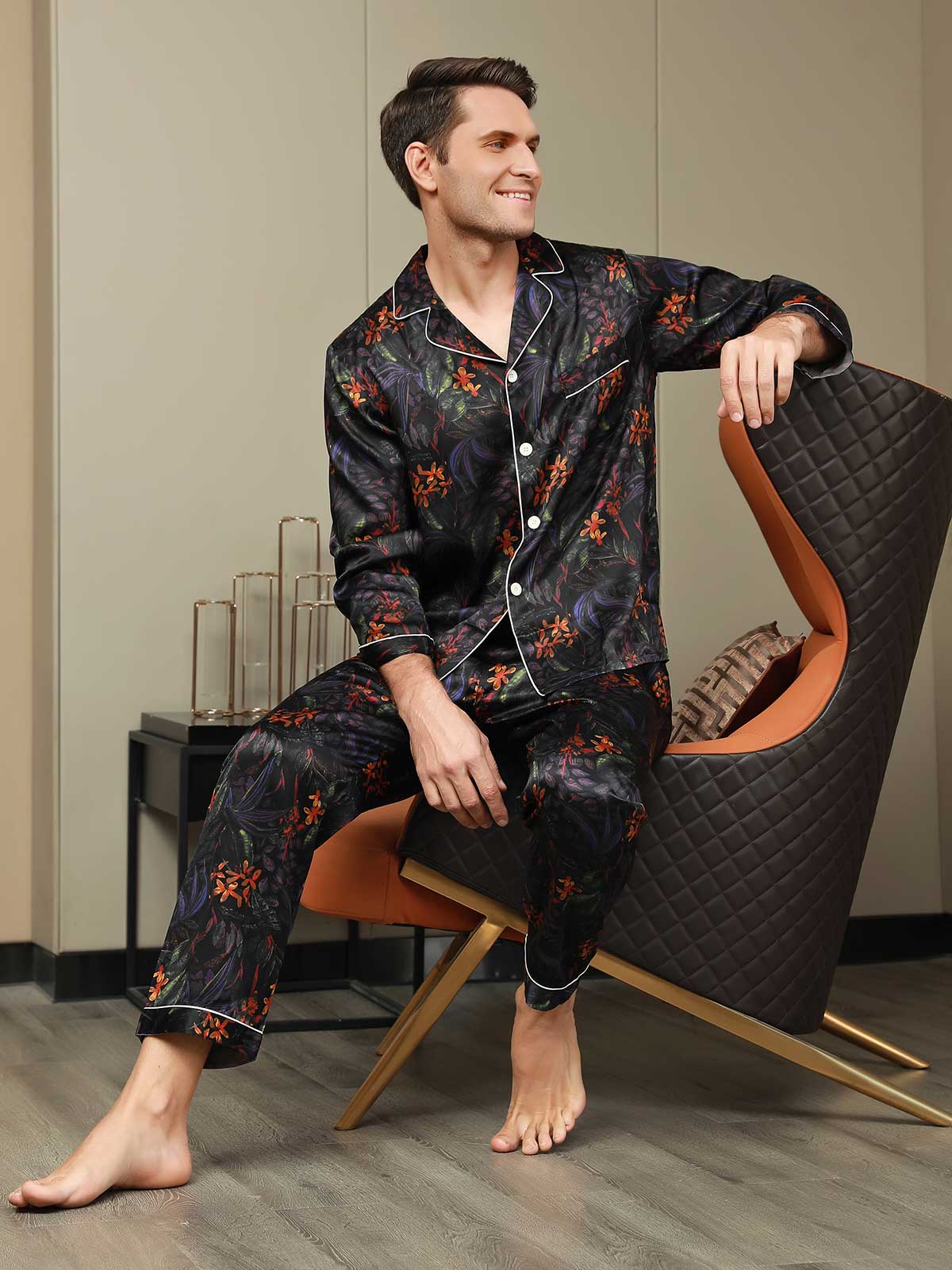 Pure Silk Men's Floral Printed Lapel Pajamas – SILKSILKY