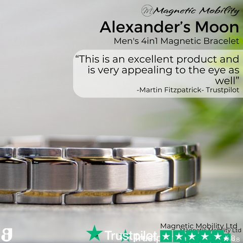 Alexanders Moon 4in1 Magnetic Braclet image with a customer review from TrustPilot: “This is an excellent product and is very appealing to the eye as well” -Martin Fitzpatrick- Trustpilot