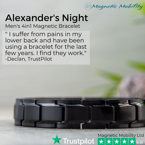 The image features the 'Alexander's Night' men's 4in1 Magnetic Bracelet by Magnetic Mobility. Below the bracelet's elegant black design, a customer testimonial from Declan on TrustPilot is quoted, stating satisfaction with the product's effectiveness for lower back pain relief. The Magnetic Mobility logo and a TrustPilot rating of 4.8 stars are also displayed, underscoring the product's credibility and customer approval.