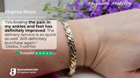 Bracelet on a wrist with a TrustPilot review written on the image ""I'm finding the pain in my ankles and feet has definitely improved. The delivery service is so quick as well. Will definitely purchase again." -Debbie, TrustPilot"