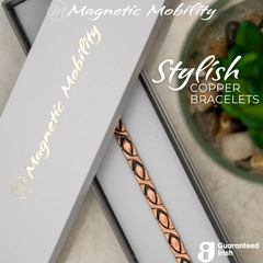 Image shows the Laurel Copper Bracelet inside a white branded box from Magnetic Mobility