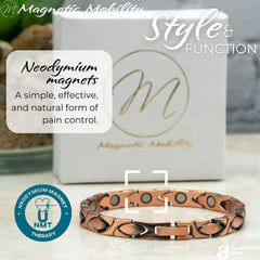 Shows the Laurel Copper bracelet on a light background with pointers showing the Neodynimum magnets in the back of the bracelet