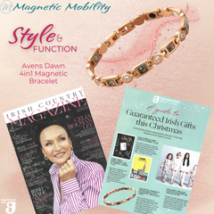 Image shows the Avens Dawn 4in1 Magnetic Bracelet and a screenshot of the Irish Country Magnazine and its featured gift guide