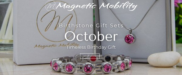 October Gift Set: A magnetic bracelet and magnetic necklace in a white gift box with pink stones for October